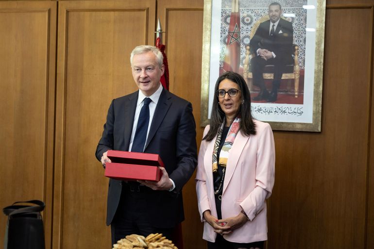 Morocco's Minister of Economy and Finance Nadia Fettah Alaoui (R) receives her French counterpart Bruno Le Maire in Rabat on April 26, 2024. (Photo by FADEL SENNA / AFP)