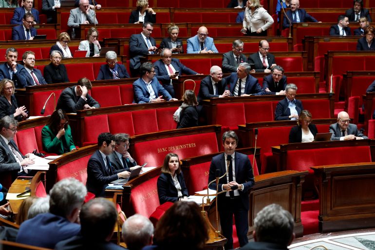 French Prime Minister Gabriel Attal speaks during the questions to the Prime Minister session at the National Assembly in Paris, France, April 3, 2024. REUTERS/Gonzalo Fuentes
